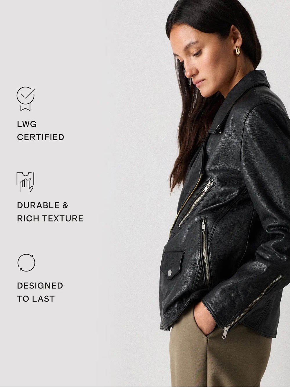 QUINCE “100% Leather Oversized Biker Jacket”
 - Size: M in BLACK - Picture 10 of 11